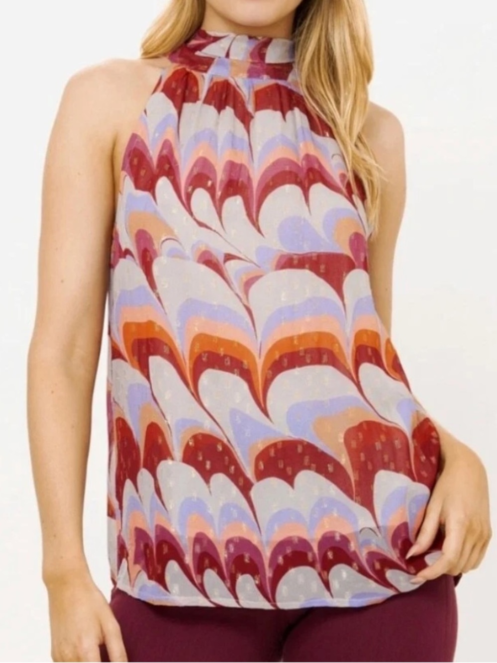 Oliphant Venice Cognac Sleeveless Tie Neck Top NEW Medium Wavy Red Purple Lurex